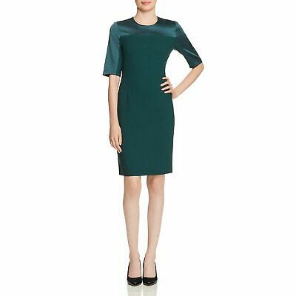 HUGO BOSS Danufa Stretch Wool Colorblock Sheath Dress In Pine Green - Picture 1 of 14